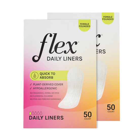 Flex Daily Liners | Ultra Thin Daily Pantyliners | Comfortable Fragrance-Free Feminine Care | 7.08” Long, 10mL Absorbency | Unscented | (2-Pack, 100 Liners Total)