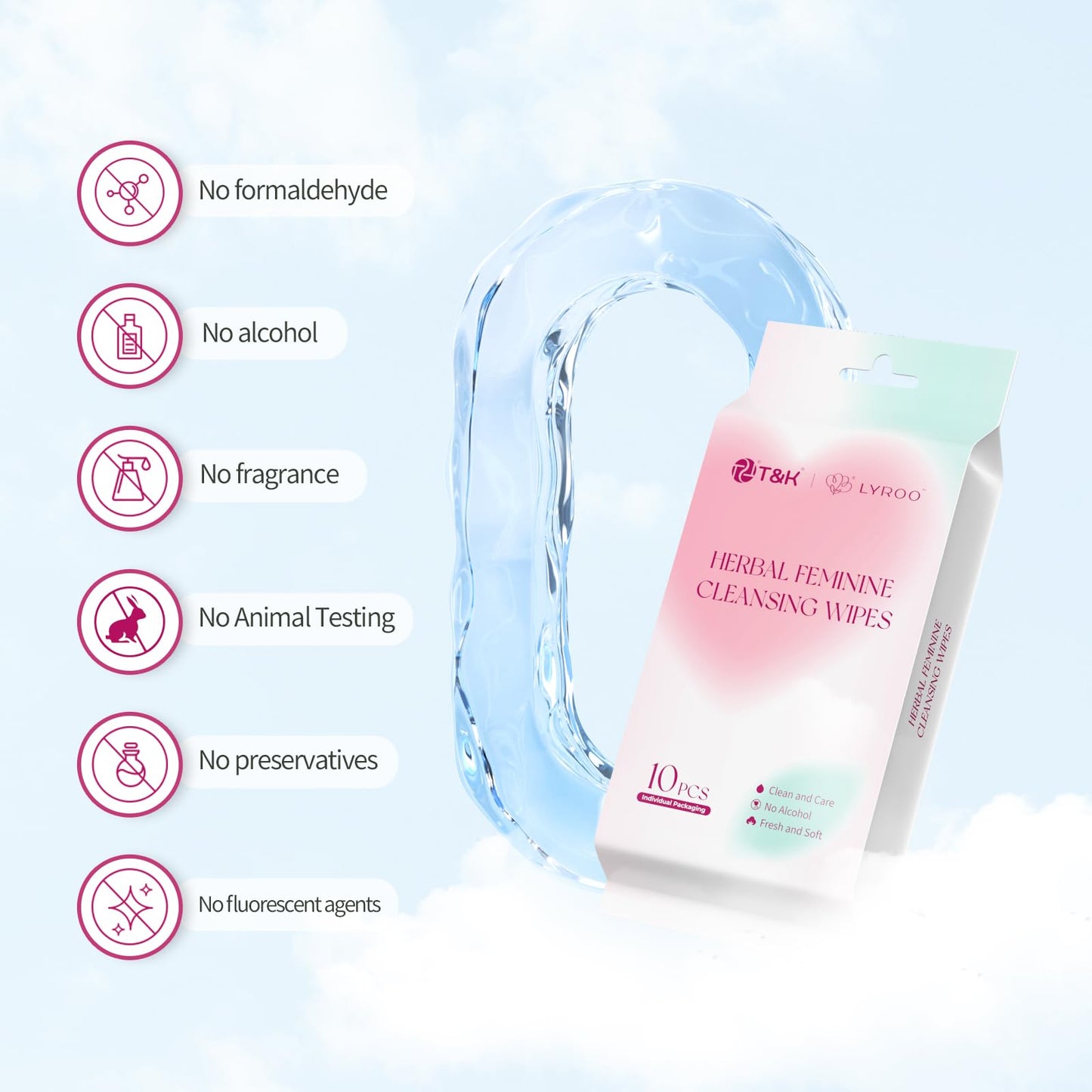 T&K Herbal Feminine Wipes - 10 Individually Wrapped, pH Balanced Intimate Care with Natural Botanicals for Sensitive Skin, Gentle Daily Use