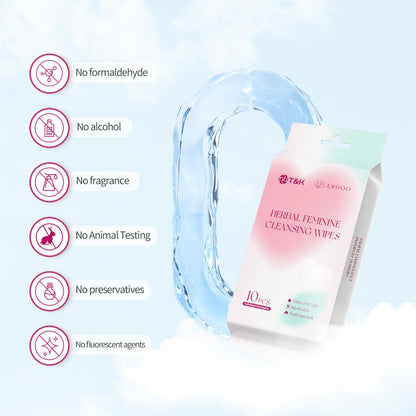 T&K Herbal Feminine Wipes - 10 Individually Wrapped, pH Balanced Intimate Care with Natural Botanicals for Sensitive Skin, Gentle Daily Use