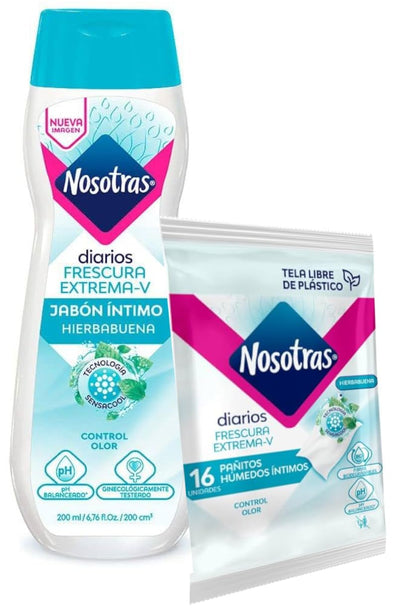 Feminine Wash Nosotras Set Intimate Soap And Wet Wipes Peppermint | Kit Jabon Intimo y Pañitos Humedos Hierbabuena Frescura Extrema-V Colombia (6.76oz - 200ml)