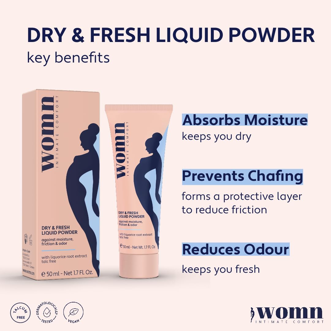 womn Intimate Comfort DRY & FRESH LIQUID POWDER – Talc-Free Anti-Chafe Cream for Under-Bust, Thighs & Groin. Natural Moisture & Friction Control, 1.7 Fl. Oz.