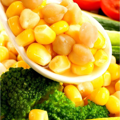 Unsalted Garbanzo Beans and Golden Sweet Whole Kernel Corn, Low-Fat Ready-to-Eat Snacks, Ready to eat, sweet corn, vacuum bagged, low-fat fitness meal replacement snacks. 10.6 oz