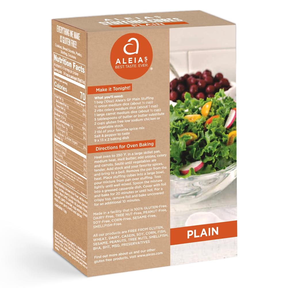 Aleia’s Gluten Free Plain Stuffing Mix – 10 oz (2 Pack) – Classic Gluten Free Stuffing – Free from Gluten, Corn, Soy, Dairy – Low Sodium, Non-GMO
