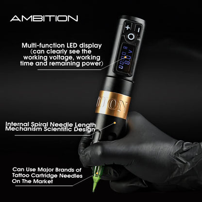 Ambition Soldier Rotary Battery Pen Tattoo Cartridge Machine with 2400mAh Power Japan Coreless Motor Digital LED Display Tattoo Equipment Supply for Professionals and Beginners Tattoo Artists