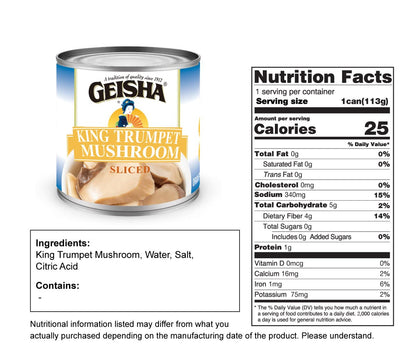 GEISHA King Trumpet Mushroom 4OZ. (Pack of 12), King Trumpet | Halal Certified － NON-GMO － Gluten Free－Good Source of Fiber－Only 25 Calories per Container