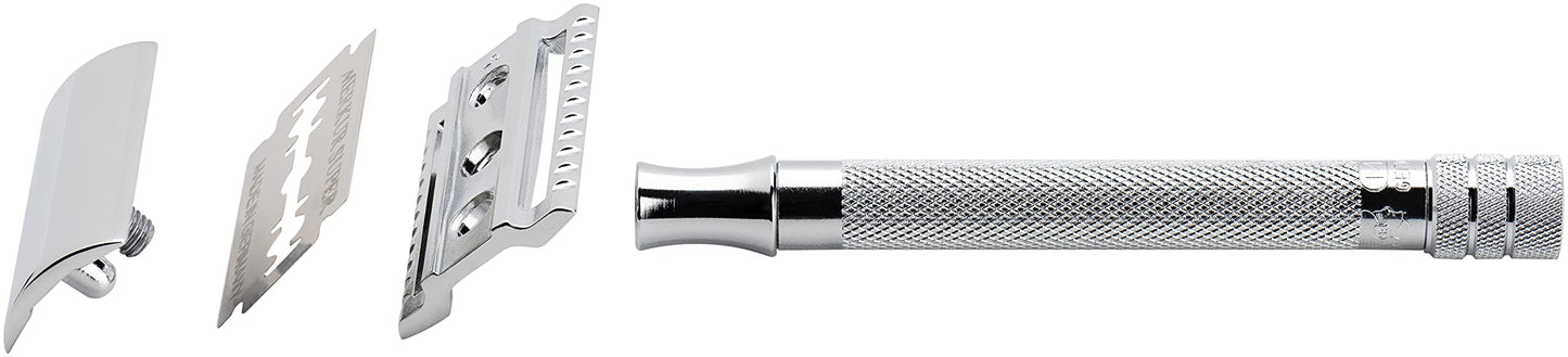 MERKUR 23C Double Edge Safety Razor - Polished Chrome, Long Knurled Brass Handle, Made in Germany, Plastic-Free, Three Piece Design, Closed Comb, Straight Bar