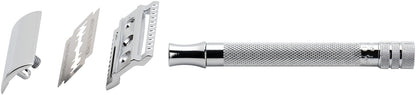 MERKUR 23C Double Edge Safety Razor - Polished Chrome, Long Knurled Brass Handle, Made in Germany, Plastic-Free, Three Piece Design, Closed Comb, Straight Bar