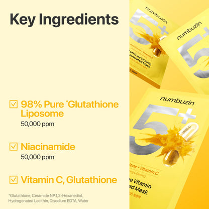 numbuzin No.5 Sheet Mask | Vitamin Spotlight Sheet Mask | Glutathione and Vitamin C | Reduces Hyperpigmentation, Improves Skin Complexion | Gentle and non-irritating | 5 sheet