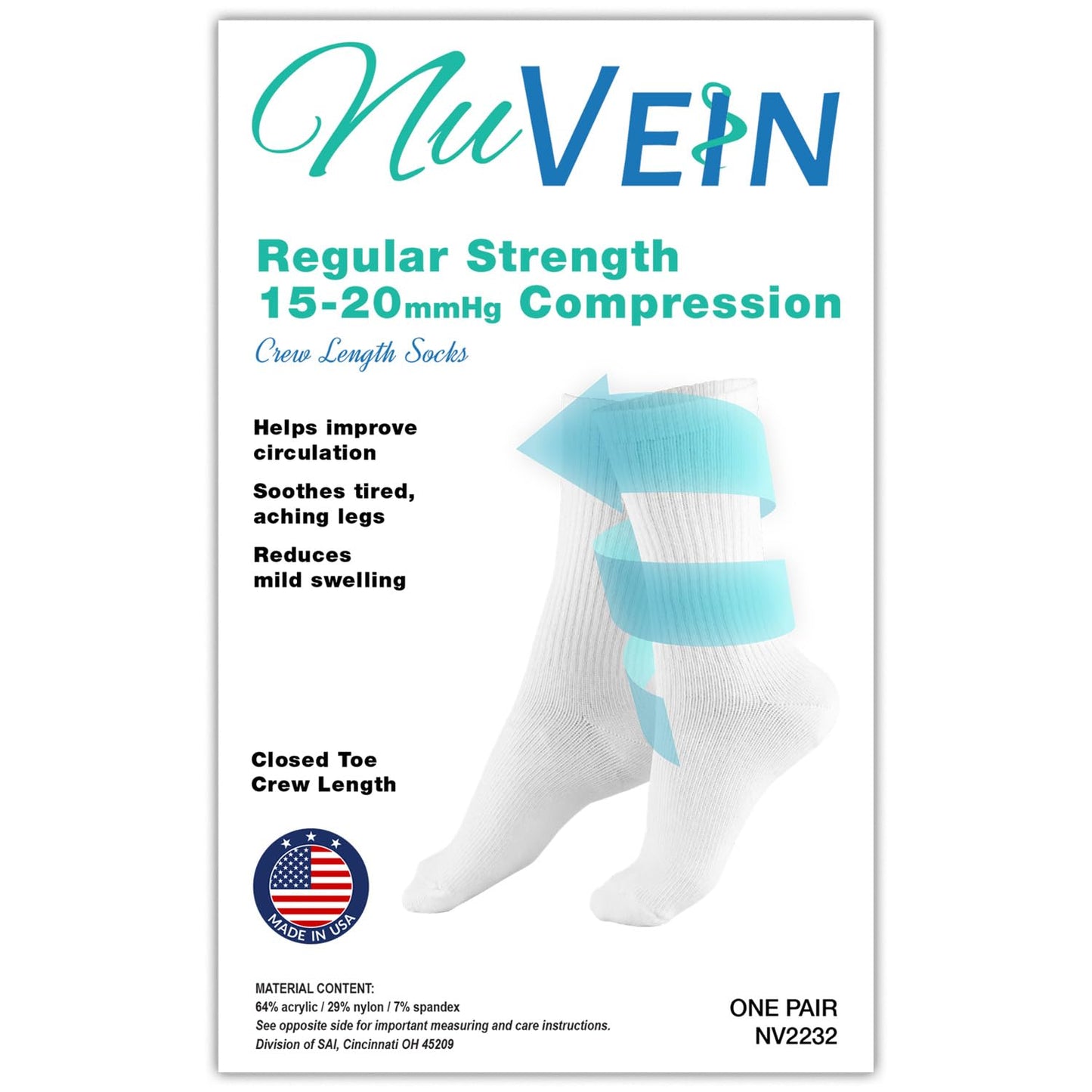 NuVein 15-20 mmHg Medical Compression Socks, Mid Calf Crew Length, Padded Cushion Foot, White, Medium