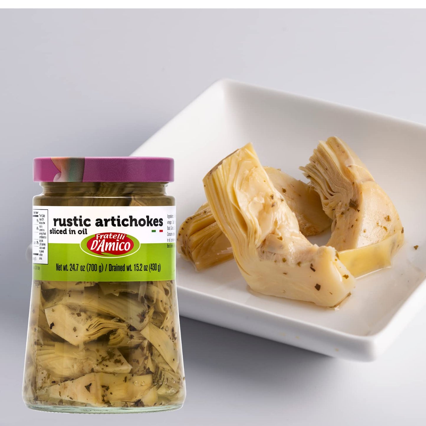 FRATELLI D'AMICO - Rustic Sliced Artichokes in Oil, Premium Quality, Chef Selected, Large Jar : 24.7oz (700 g), Antipasto, Non GMO Italian Premium Brand, Product of Italy