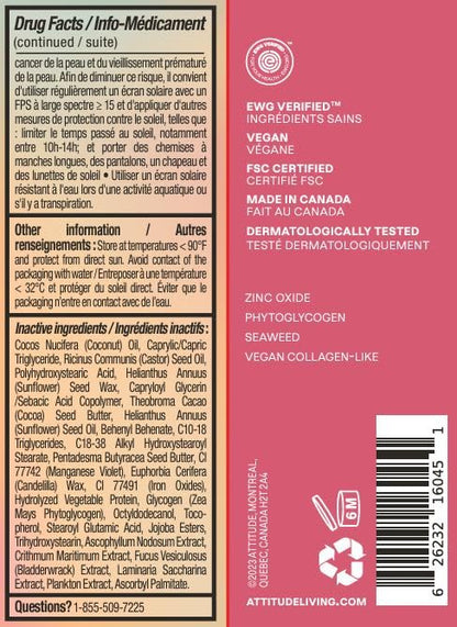 ATTITUDE Oceanly Tinted Lip Balm with SPF 30, EWG Verified, Plastic-Free, Broad Spectrum UVA/UVB Protection with Zinc Oxide, Vegan, Unscented, Baby Rose, 0.3 Ounce