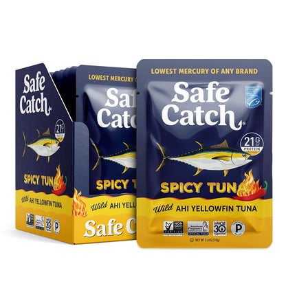 Safe Catch Spicy Wild Ahi Yellowfin Tuna Fish Pouch, Lowest Mercury, Lean Protein, Omega 3s, Non GMO, Paleo, Pack of 12 Pouches