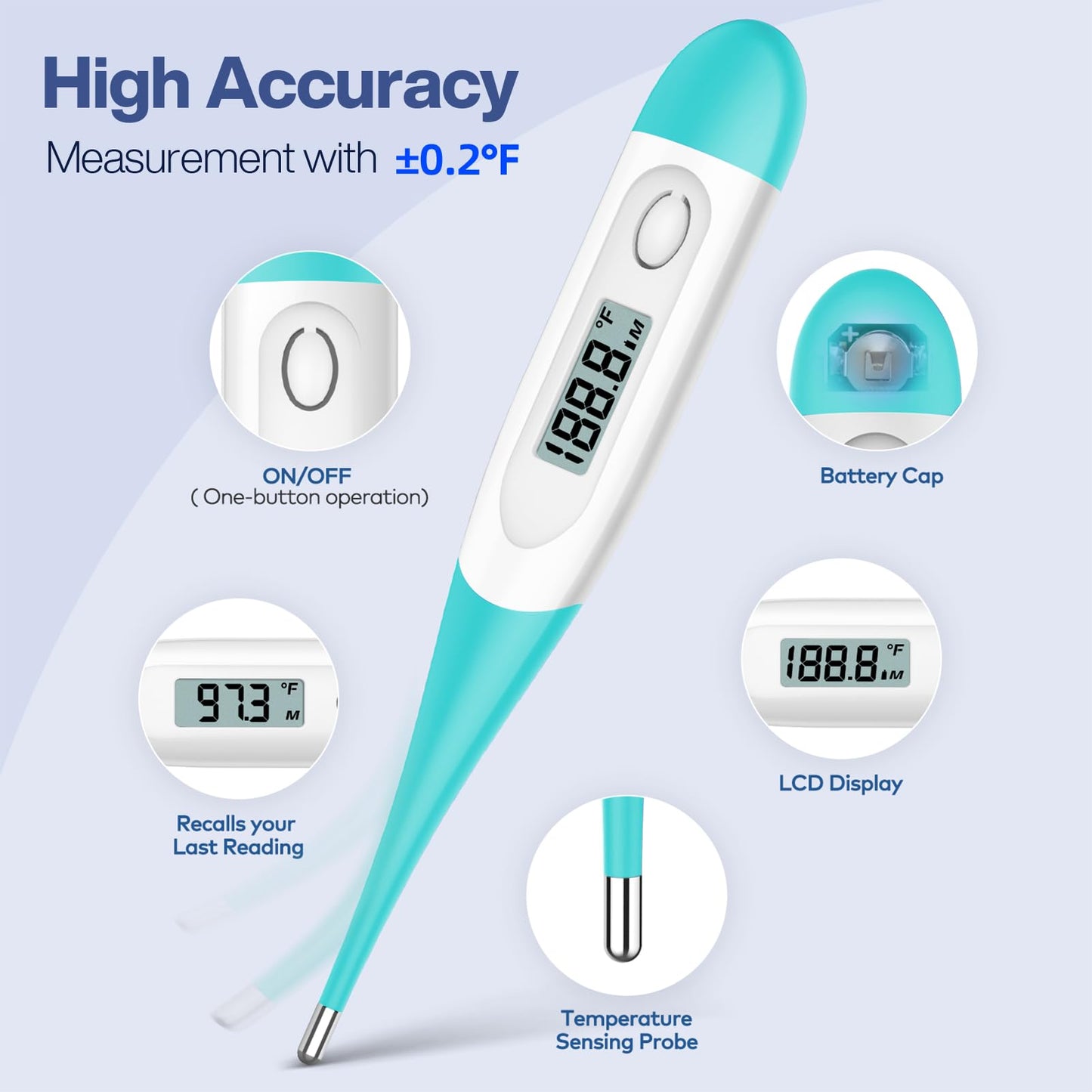 Boncare 10 Seconds Oral Thermometer for Adults and Kids - Accurate & Safe Rectal Thermometer for Baby with Fever Alarm, Digital Thermometer (Blue Green)