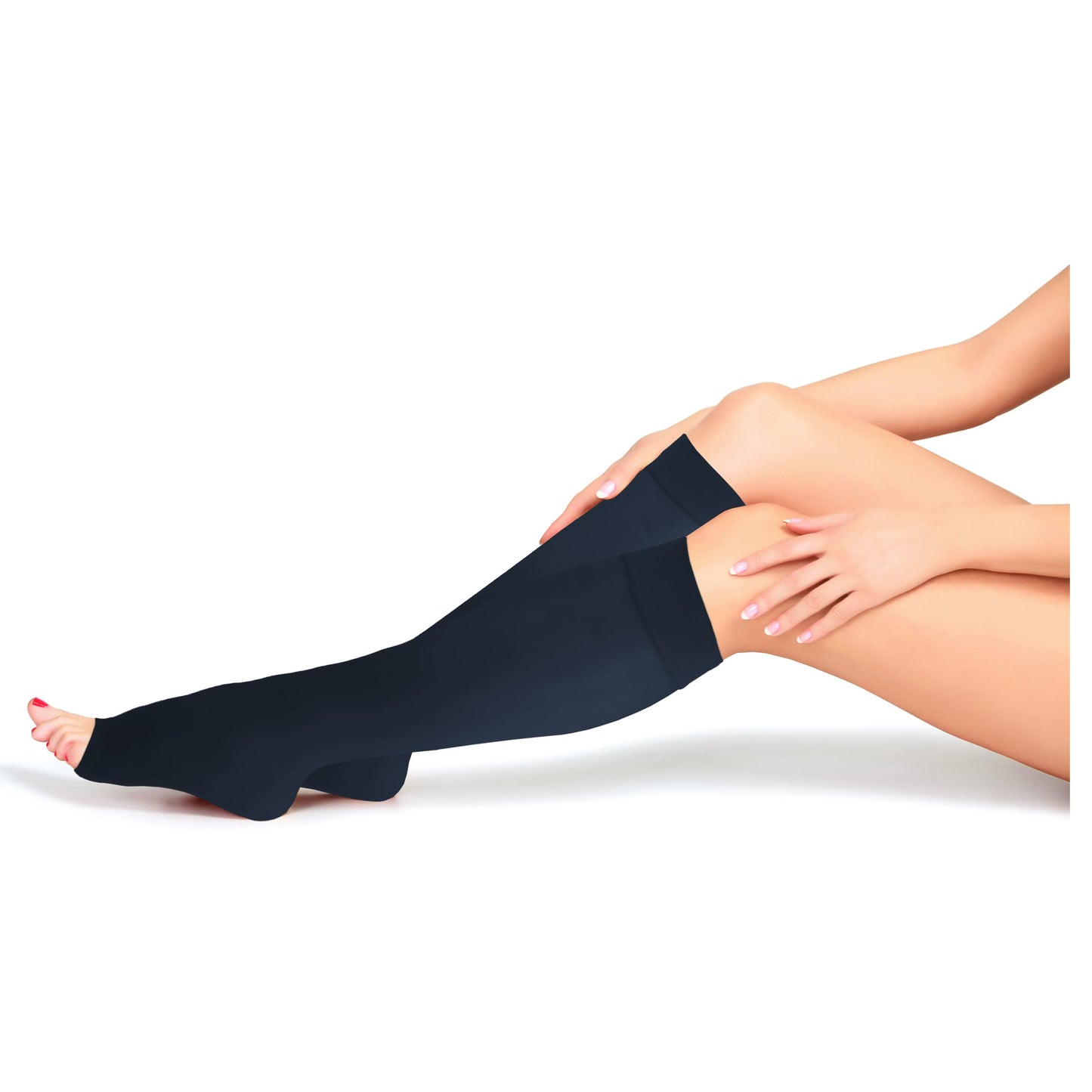 NuVein Sheer Compression Stockings for Women, 8-15 mmHg Support, Light Denier, Knee High, Open Toe, Navy, Large