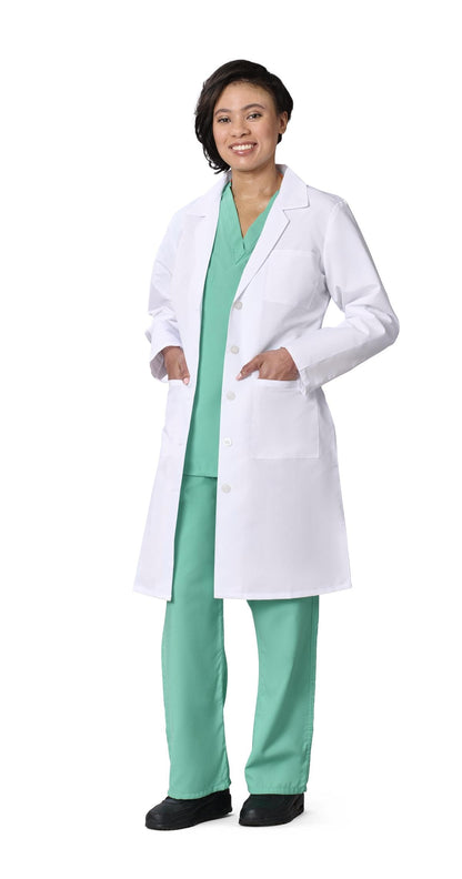 Medline Women's Lab Coat, Full Length, 5-Button Front with Long Sleeves, 3 Functional Pockets & Reinforced Pen Pocket, Professional Medical Coat for Women, White, XS, 1 Count