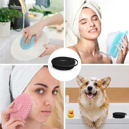PQRUU 3 Pack Silicone Body Scrubber, Exfoliating Soft Loofah, Scrubber Fit for Sensitive and All Kinds of Skin, Clean Sanitary, Rapid Foaming Black+Blue+Pink