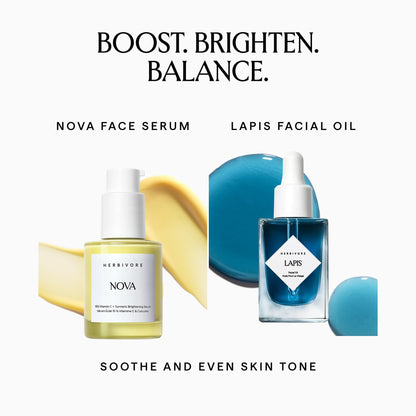 HERBIVORE Brighten + Balance Skincare Set | Nova 15% Vitamin C Brightening Serum + Lapis Blue Tansy Skin Balancing Face Oil