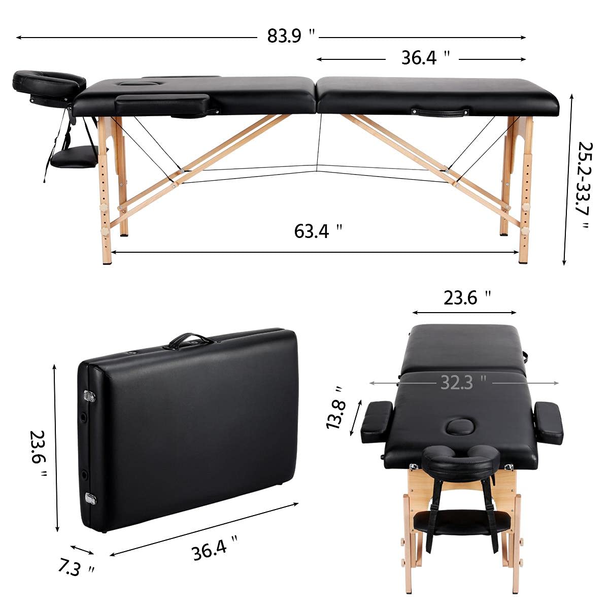 Yaheetech Massage Table Portable Lash Beds Spa Bed Massage Couch Foldable Spa Tables Adjustable 2 Fold with Non-Woven Bag 24 inch, Black