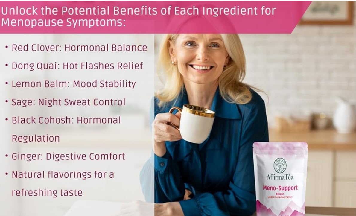 Meno-Support BloatX Organic Menopause Relief: Balances & Supports Hot Flashes, Hormones, Moods Swings, Night Sweats, & Bloating with Black Cohosh, Red Clover & Dong Quai. Natural Fresh Lemon Flavor.