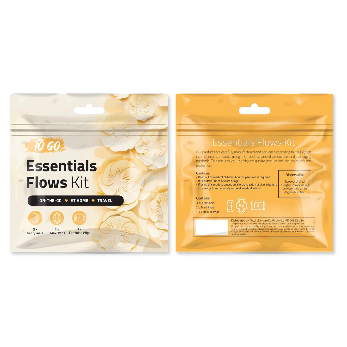 Essential Flows Kit – 3 Pantiliners, 2 Maxi Pads & 1 Feminine Wipe in Compact Zip Bag – Thin, Light, and Travel-Ready for Women & Girls – Single Pack (Orange)