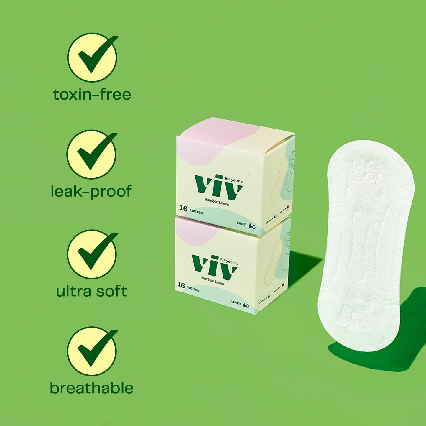 Viv for Your V Bamboo Organic Panty Liners for Women | Soft, Thin, Absorbent Sanitary | Incontinence Pads for Women No Wings | Unscented, Earth-Friendly (16 Pack)