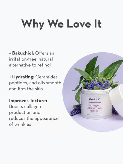 SONAGE Refixion Sans Retinol Cream | Bakuchiol Anti-Aging Moisturizer | Natural Retinol Alternative | Improves Skin Texture & Elasticity | Plant-Based Wrinkle Reducer