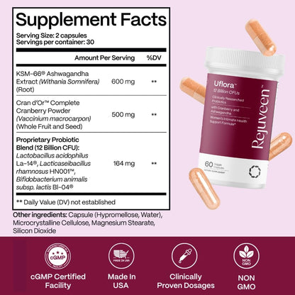 Uflora Vaginal Probiotics | Supports Vaginal Health, Moisture & Yeast | Enhances Intimate Wellness | Clinically Proven Dosages | Probiotics, Cranberry, Ashwagandha | 60 Ct