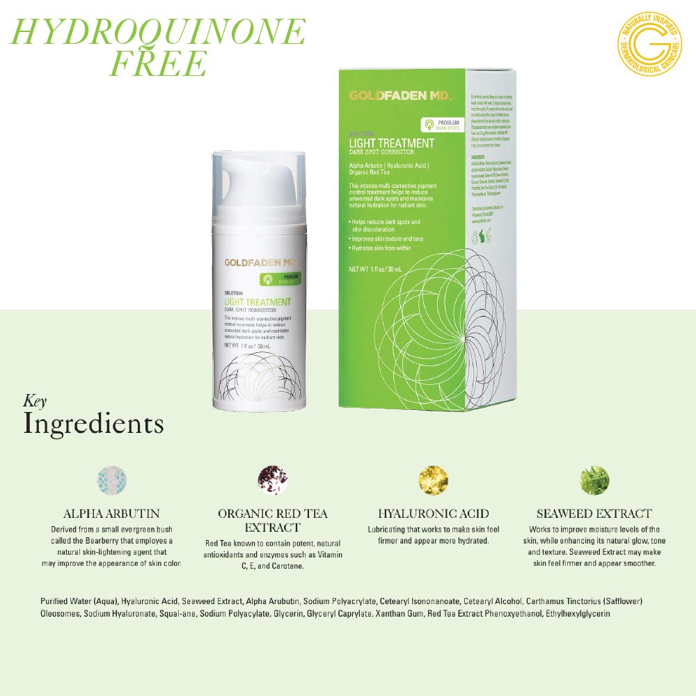 GOLDFADEN MD Light Treatment Dark Spot Pigment Corrector | Hydroquinone Free w/Alpha Arbutin, Organic Red Tea Extract, Sea Weed Extract and Hyaluronic Acid 1 fl. oz.