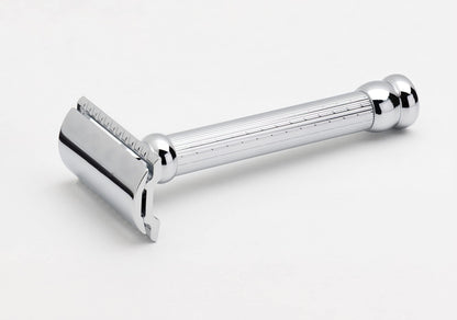 MERKUR 47C Double Edge Safety Razor – Long Handle Three-Piece Straight Cut Razor, Bright Chrome Finish, Engine-Turned Grip, Smooth Shave, Designed & Made in Germany