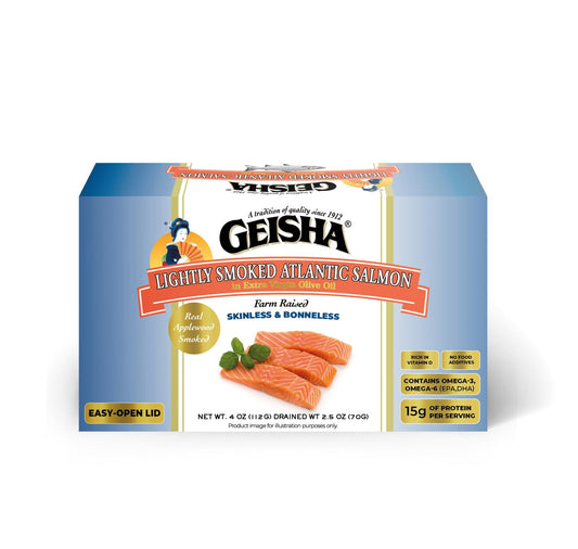 GEISHA Lightly Smoked Atlantic Salmon(Skinless & Boneless) in Extra Virgin Olive Oil 4.00 OZ. (Pack of 12), Farm Raised Chilean Atlantic Salmon | No Trans fat － NON-GMO － BPA NI－Excellent Source of Protein－Ready to Eat －Rich in Vitamin D – Extra...