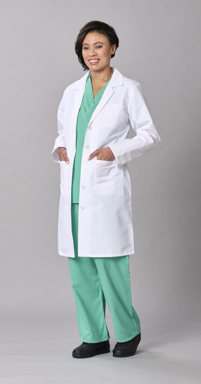 Medline Women's Lab Coat, Full Length, 5-Button Front with Long Sleeves, 3 Functional Pockets & Reinforced Pen Pocket, Professional Medical Coat for Women, White, XS, 1 Count