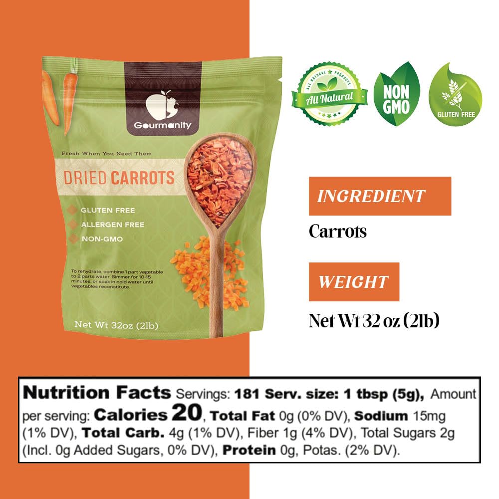 Gourmanity Dried Carrots, 32oz Resealable Bag, Fresh-Tasting and Easy to Use, Adds Flavor, Color and Texture to Soups, Stews and Ramen, All Natural