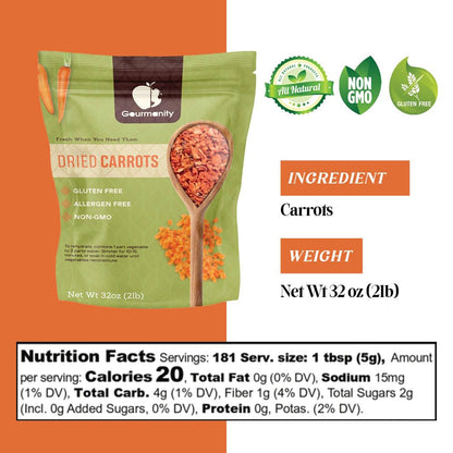 Gourmanity Dried Carrots, 32oz Resealable Bag, Fresh-Tasting and Easy to Use, Adds Flavor, Color and Texture to Soups, Stews and Ramen, All Natural