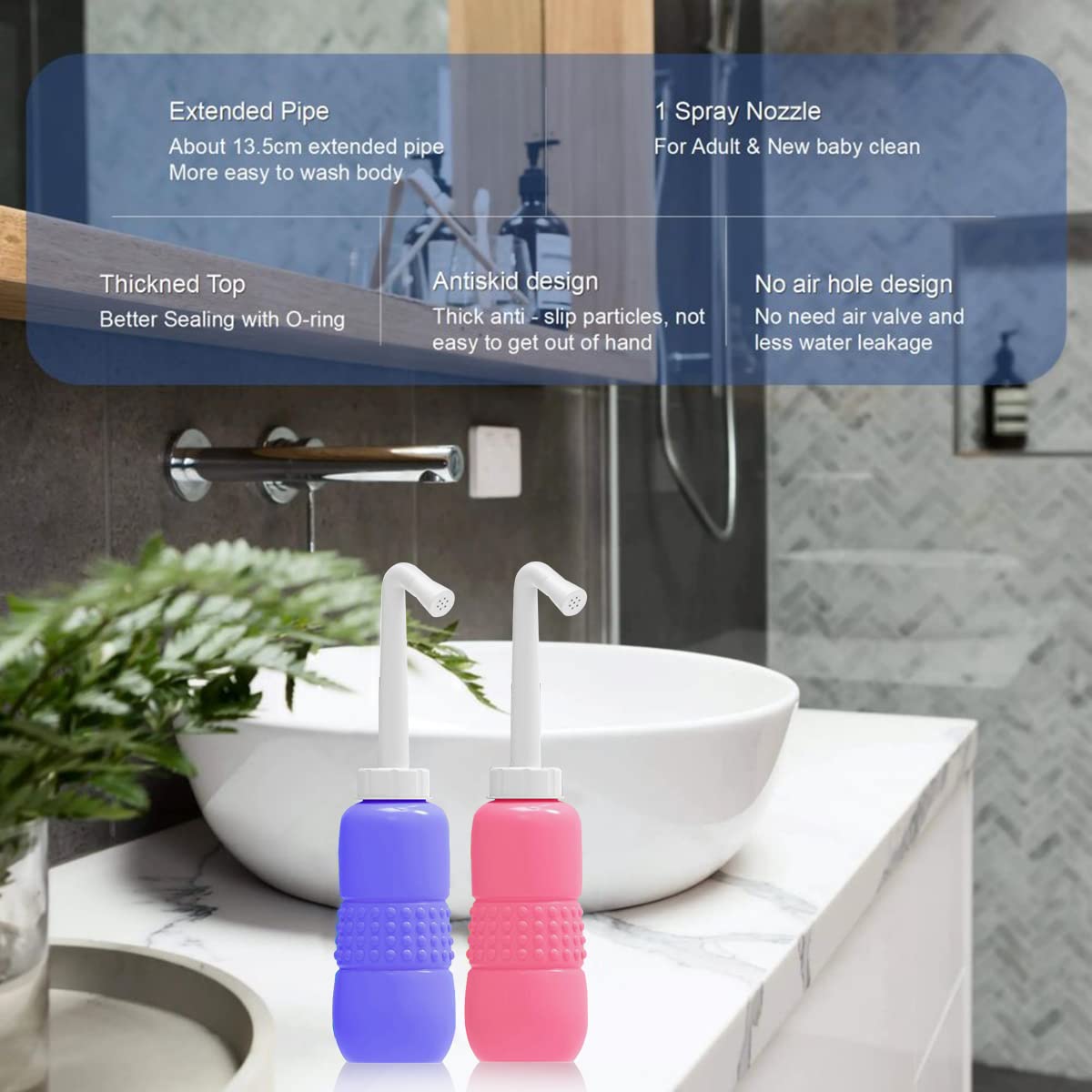 Upside Down Peri Bottle for Postpartum Care, Portable Bidet Bottle with Travel Bag, Handheld Perineal Sprayer,Reusable Douche Bottle for Women,Men,Baby,Personal Hygiene 450ml-2Pack (Pink)
