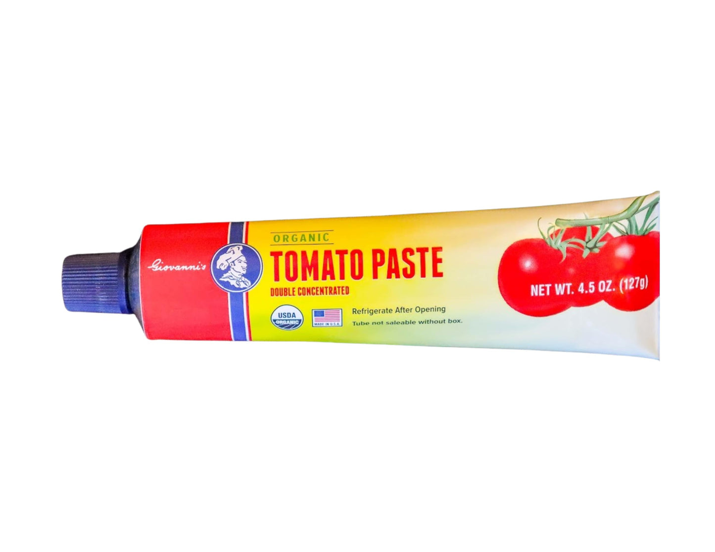 Giovanni’s Organic Double Concentrated Tomato Paste – Single (4.5 oz Tube) | Made in the USA with Vine-Ripened California Tomatoes, Non-GMO, No Additives, Rich Flavor