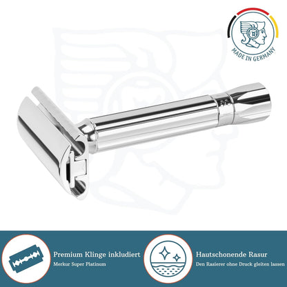 MERKUR Adjustable Safety Razor 500C - Chrome | Classic Gloss Chrome | Two Piece Premium Razor with Straight Cut | Ideal for Wet Shaving | Die-Cast Zinc | Brass Handle | Made in Germany