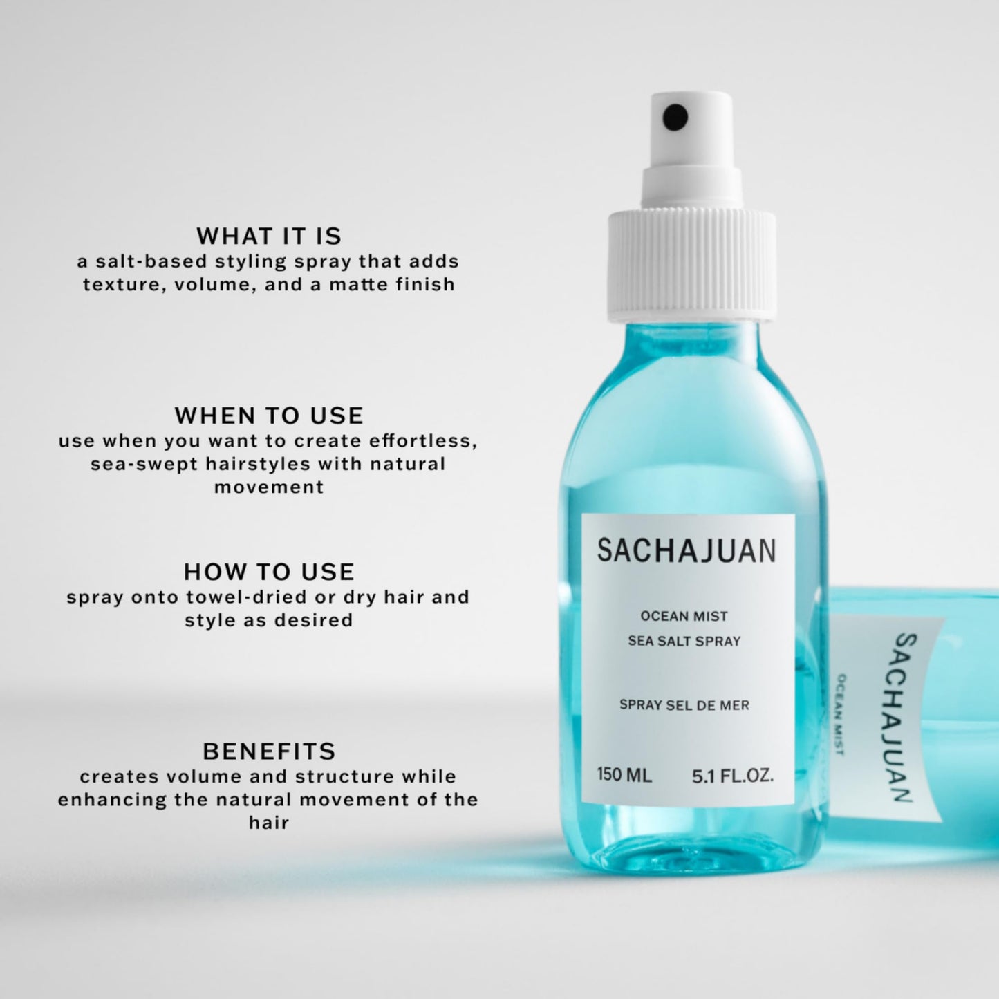 SACHAJUAN Ocean Mist Sea Salt Spray | Professional Texturizing Spray for Effortless Beach Waves | Instant Volume & Body with Matte Finish | Ocean Silk Technology | 5.1 fl oz