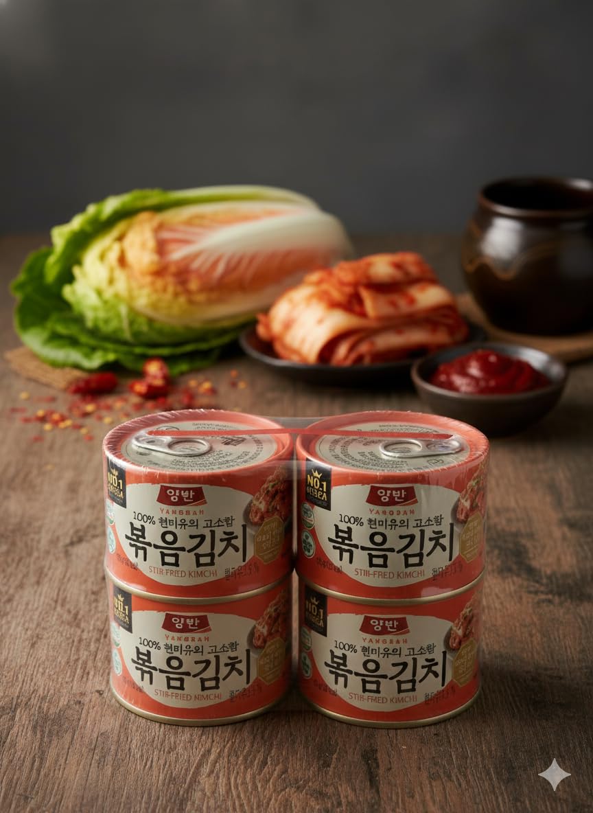 Korean Stir-Fried Kimchi with Sesame Oil 볶음김치 Yangban Canned Bokkeum Kimchi 160g x 4 – Ready to Eat, Authentic Spicy Flavor, Korea’s No.1 Kimchi Brand | DAHLORE