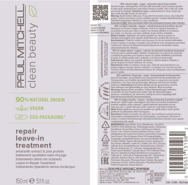 Paul Mitchell Clean Beauty Repair Leave-In Treatment, Leave-In Conditioner, Restores Strands, For Damaged, Brittle Hair, 5.1 fl. oz.