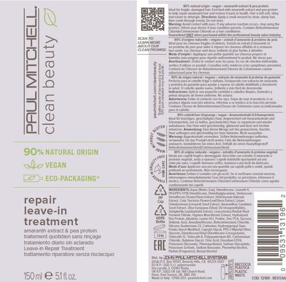 Paul Mitchell Clean Beauty Repair Leave-In Treatment, Leave-In Conditioner, Restores Strands, For Damaged, Brittle Hair, 5.1 fl. oz.
