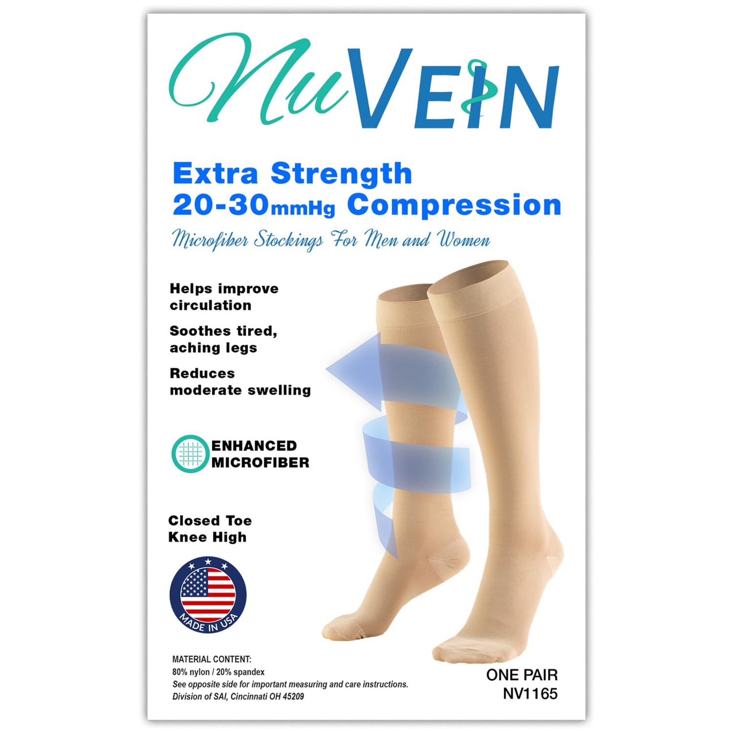 NuVein Medical Compression Stockings, 20-30 mmHg Support for Women & Men, Microfiber Knee Length, Closed Toe, Black, 2X-Large