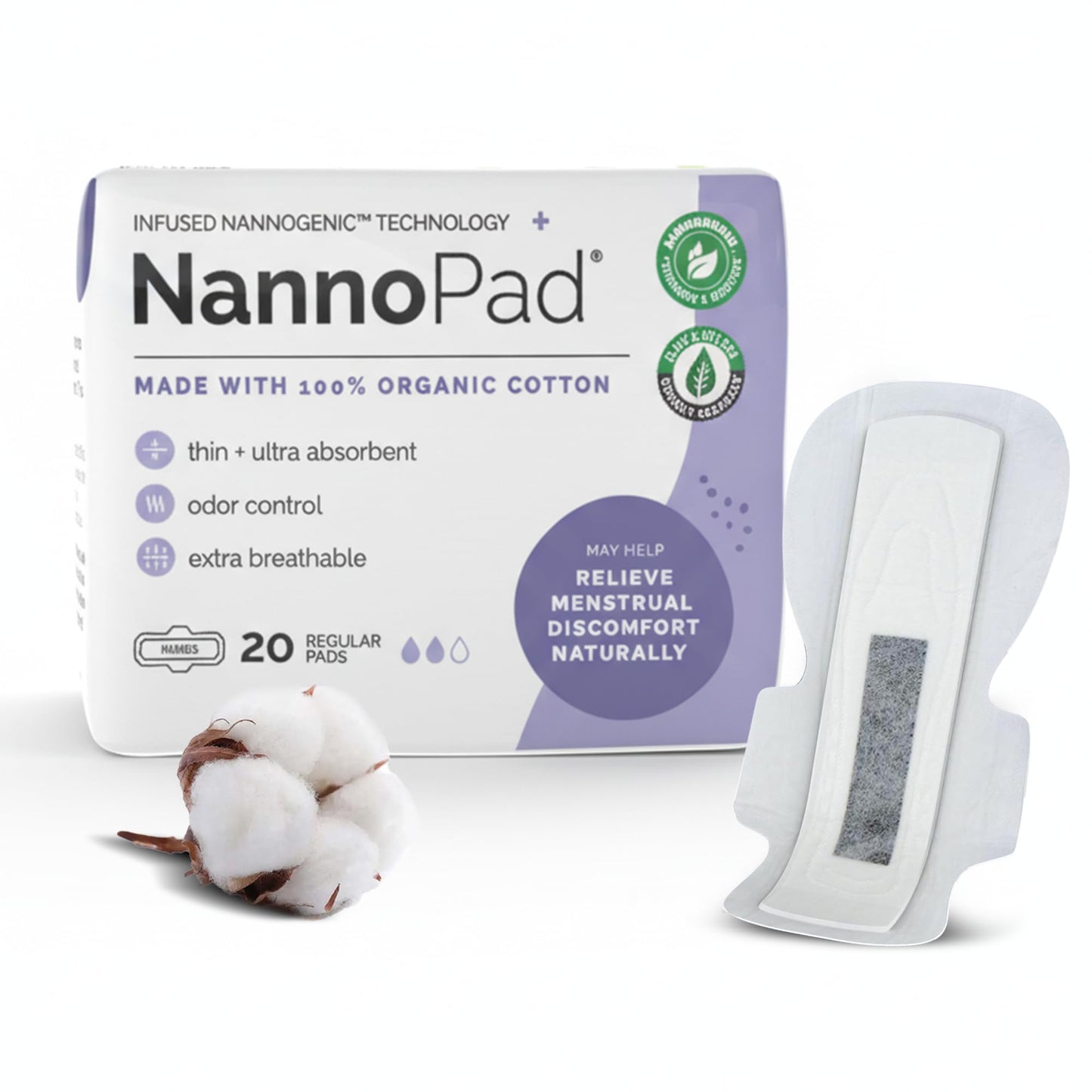 Regular Pads for Women - Nannocare Certified Organic Cotton Pads - Discomfort Reducing Pads with Wings - Feminine Hygiene Products - 20 Sanitary Pads (1 Pack)
