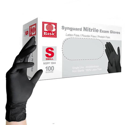Intco Basic Medical Black Nitrile Exam Gloves 4.5 Mil - Latex-Free & Powder-Free - NGPF 1044 (box of 100), Small