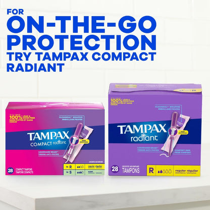 Tampax Radiant Tampons for Women Multipack, with LeakGuard Braid, Regular/Super Absorbency, Unscented, 84 Count (3 Packs of 28)