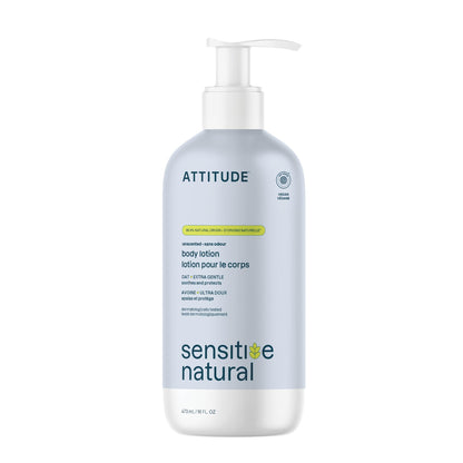 ATTITUDE Body Lotion for Sensitive Skin with Oat, EWG Verified, Dermatologically Tested, Vegan, Extra Gentle, Unscented, 16 Fl Oz