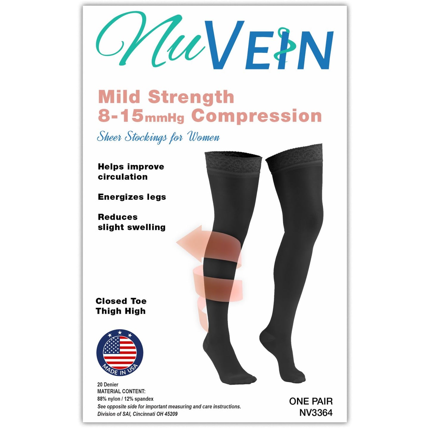 NuVein Sheer Compression Stockings for Women, 8-15 mmHg Support, Light Denier, Thigh High, Closed Toe, Beige, Large
