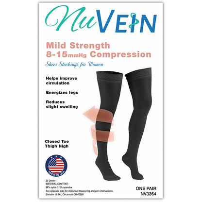 NuVein Sheer Compression Stockings for Women, 8-15 mmHg Support, Light Denier, Thigh High, Closed Toe, Beige, Large