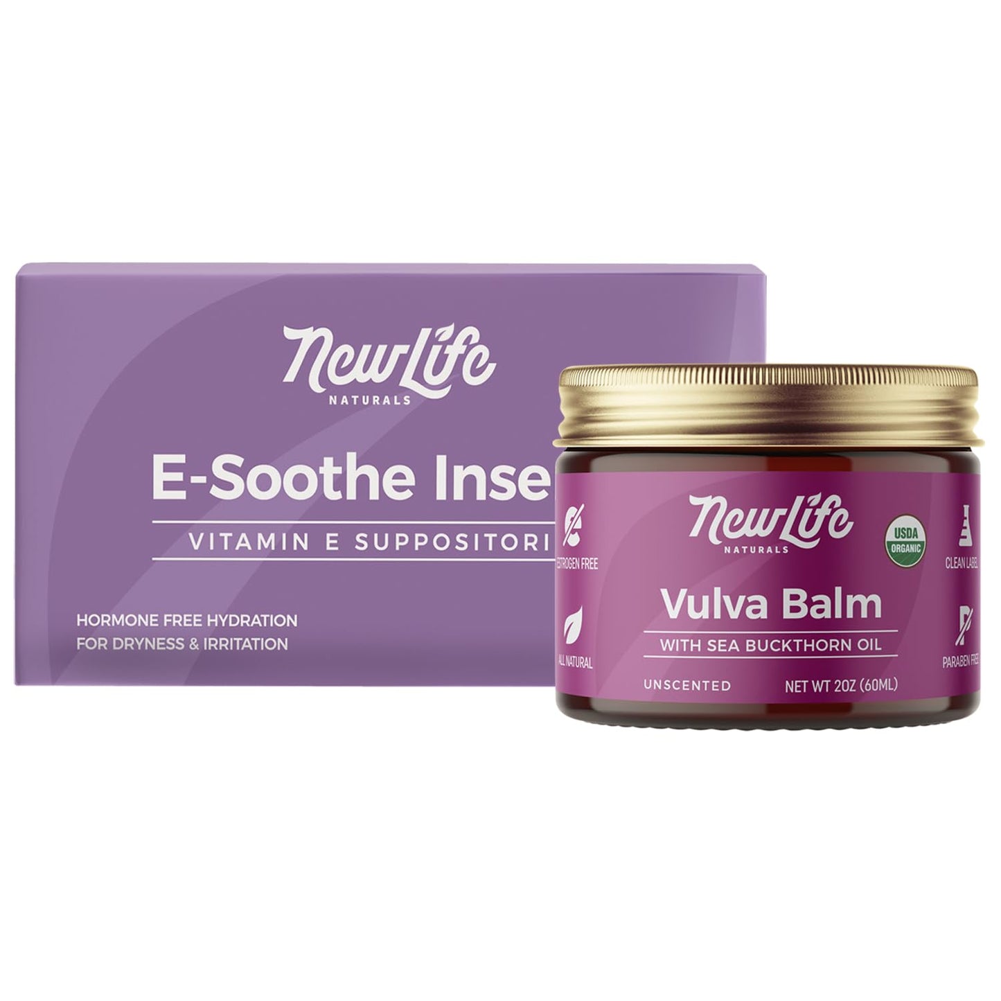 NewLife Naturals Vaginal & Vulva Soothing Bundle: Vitamin E Suppositories (ESoothe) + Organic Vulva Balm for Dryness Irritation Menopause Support (24 Inserts + 2 Oz)