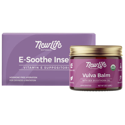 NewLife Naturals Vaginal & Vulva Soothing Bundle: Vitamin E Suppositories (ESoothe) + Organic Vulva Balm for Dryness Irritation Menopause Support (24 Inserts + 2 Oz)