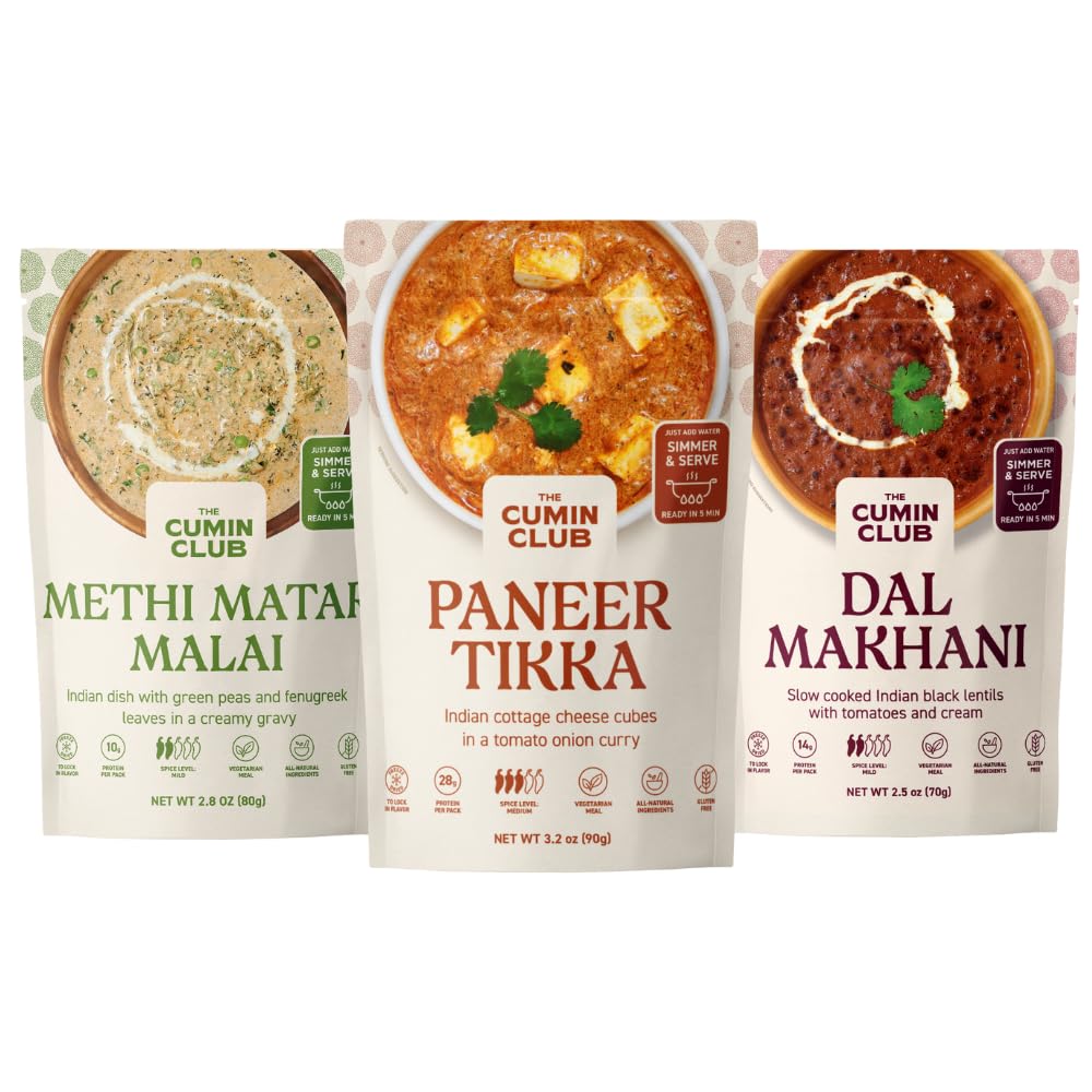 The Cumin Club Indian Meal Kit - Paneer Tikka Masala, Methi Matar Malai, Dal Makhani - Instant Meals Effortless Cooking & Wholesome Goodness - Ready to Eat Indian Food - Pack of 3